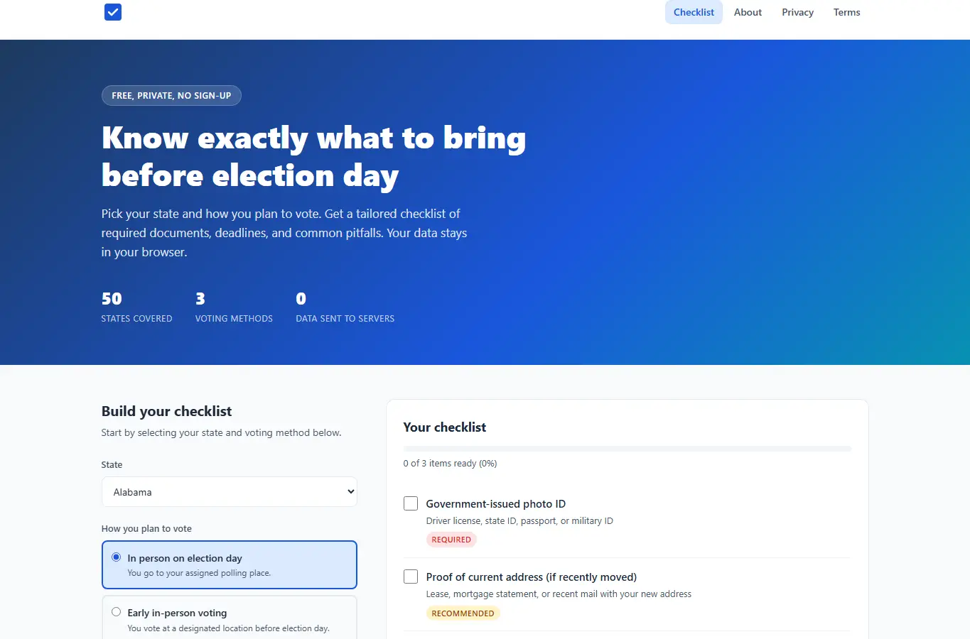 Screenshot of Voter Document Prep Checklist interface showing the project page in use